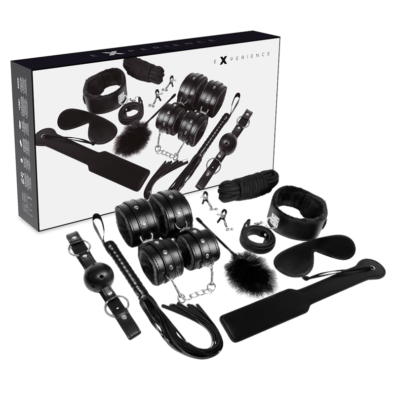 Kit BDSM noir Experience – 11 accessoires en cuir synthétique Experience Antre de Nyxa