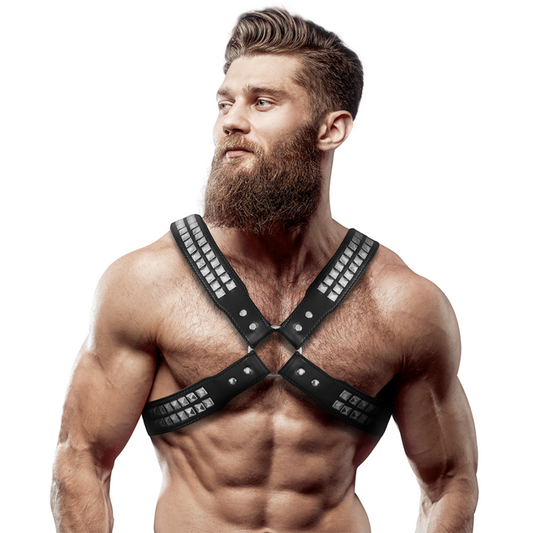Fetish & Submissive Attitude – Harnais poitrine croisée en cuir écologique avec rivets