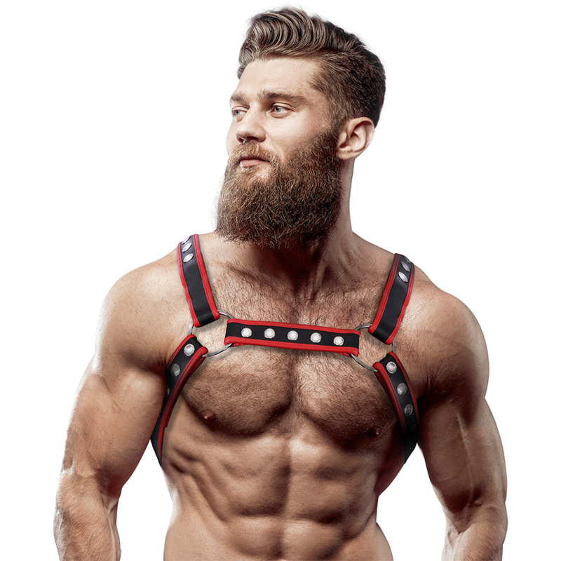 Fetish & Submissive Attitude – Harnais de poitrine Bulldog en cuir écologique noir/rouge