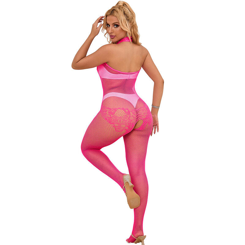 Subblime – Bodystocking rose col montant en résille et dentelle