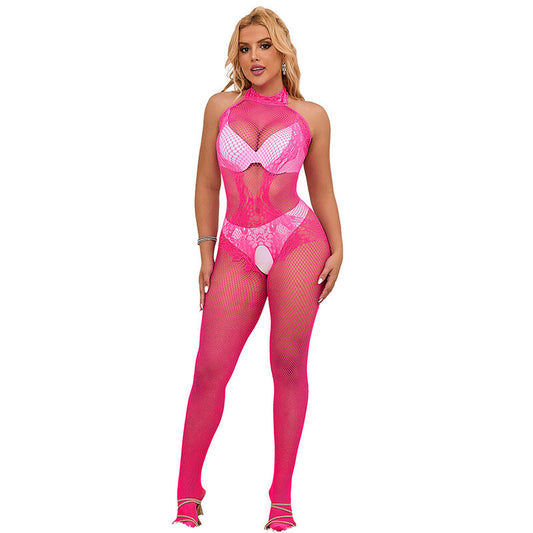 Subblime – Bodystocking rose col montant en résille et dentelle
