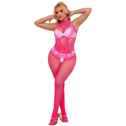 Subblime – Bodystocking rose col montant en résille et dentelle