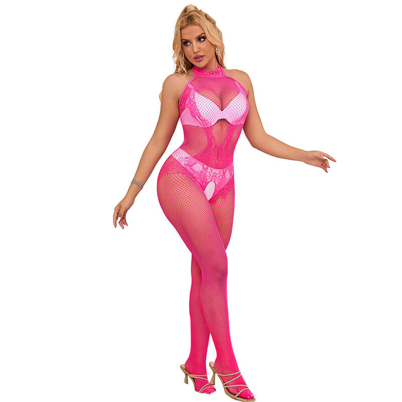 Subblime – Bodystocking rose col montant en résille et dentelle